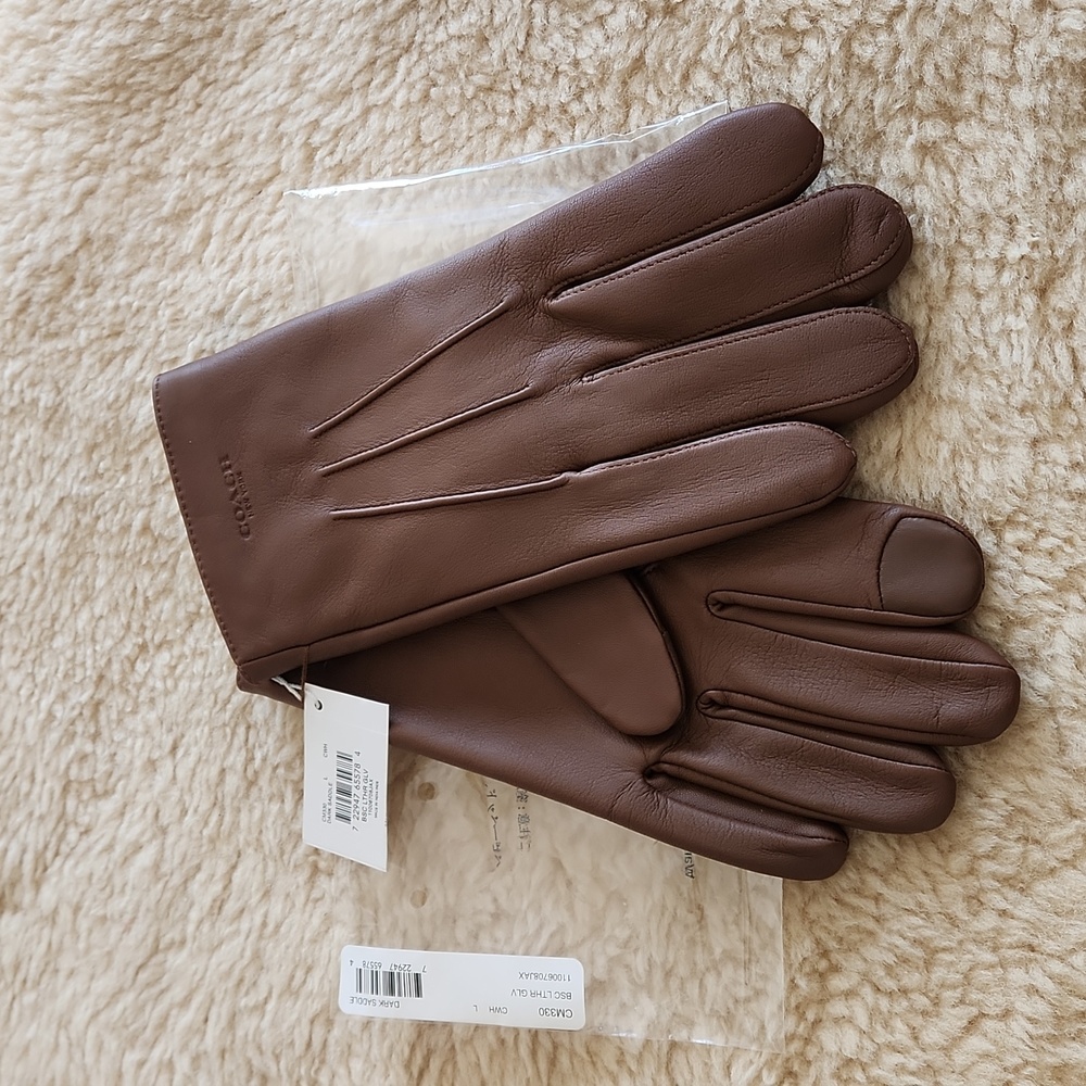 NWT Coach Men's Dark Saddle Leather Size L Tech Gloves 🤎🧤